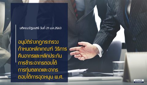 อนุมัติร่างกฎกระทรวงกำหนดหลักเกณฑ์และวิธีการคืนอากร และหลักประกันการชำระอากรตอบโต้การทุ่มตลาดและอากรตอบโต้การอุดหนุน